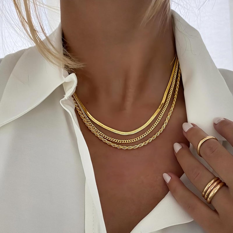 Dodder Store Gold Layered Necklaces for Women, 14K Gold Plated Dainty Gold Chain Choker Necklace Stack, Herringbone Gold Necklaces Set - Image 1